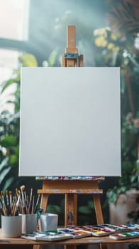 White blank canvas on a wooden easel surrounded by colorful paint brushes and color tubes in an art studio is waiting for the artist