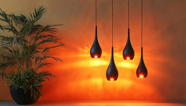 Four teardrop-shaped pendant lights casting a warm, orange glow on a wall, creating a cozy and stylish ambiance alongside a potted plant