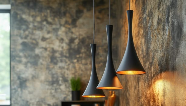Stylish black pendant lamps illuminating a modern interior with a textured concrete wall, creating a warm and inviting atmosphere