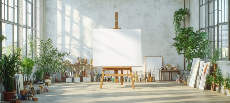 Wooden easel with blank canvas stands in artist's studio with painting tools, large windows and many plants, bathed in sunlight
