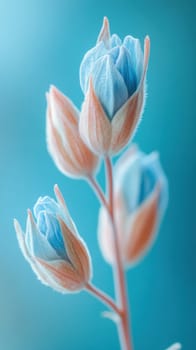 Macro photograph showcasing the delicate beauty of emerging blue flower buds against a vibrant turquoise backdrop