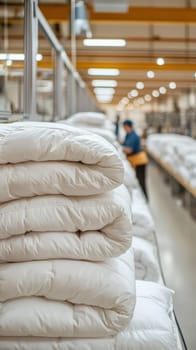 Folded duvets stacked along a production line in a textile factory, with a factory worker in the background