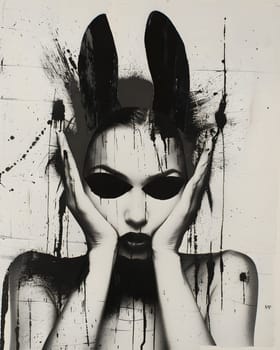 Stylized portrait of a woman with dark eyes and bunny ears in abstract art style