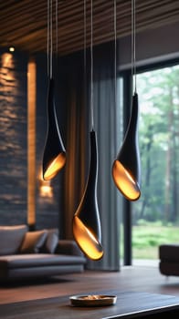 Stylish black pendant lamps casting a warm glow in a modern living room, creating a cozy and inviting atmosphere