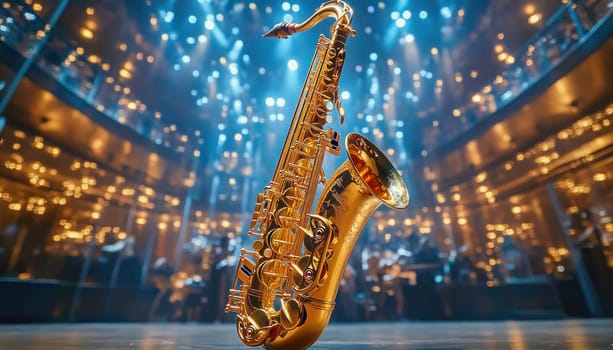 Golden saxophone standing on stage under blue and gold lights, ready for a performance