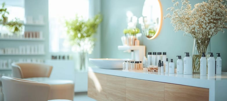 Modern beauty salon interior design featuring a product display on white surface with sink, mirror, chairs, and green plants