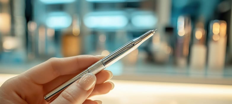 Beautician is holding a microneedling pen, preparing for a cosmetic procedure in a beauty salon