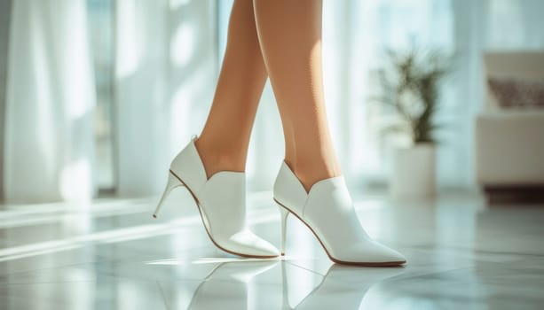 Close up of female legs walking in stylish white shoes on the tiled floor