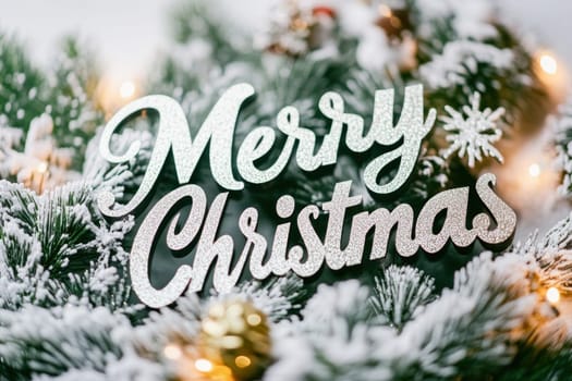 Silver glitter merry christmas sign laying on snowy pine branches with golden christmas ball ornament and string lights creates a festive holiday scene