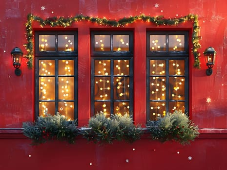 Bright Christmas lights and greenery decor on red building exterior during holiday season