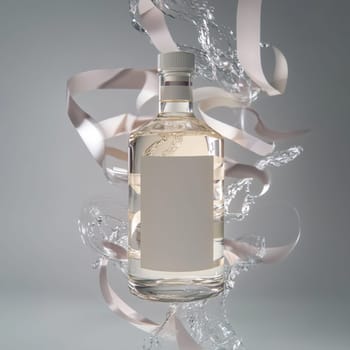 Transparent bottle filled with liquid is standing in the middle of a big splash of water, creating interesting shapes and reflections