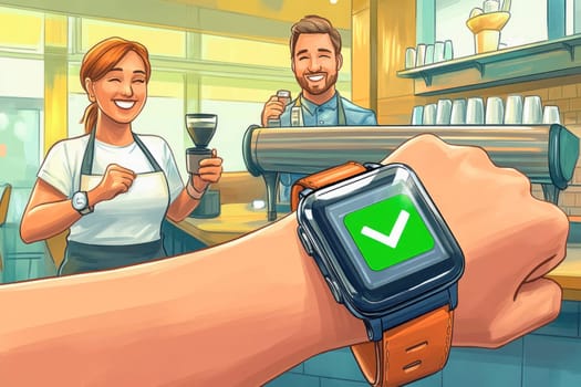 Contactless payment being made with a smartwatch in a cafe, with smiling baristas preparing a coffee in the background