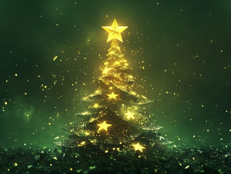 A creative Christmas tree formed by glowing star-shaped lights stacked in a pyramid shape, with a green background, creating a festive holiday ambiance.