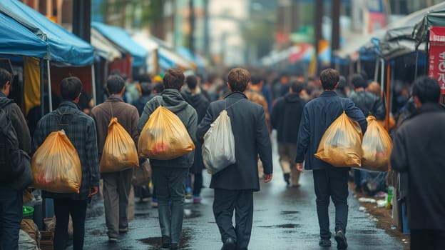 A group of people seen from behind walking through a bustling street market, each carrying a filled bag, creating a scene of urban daily life and commerce.