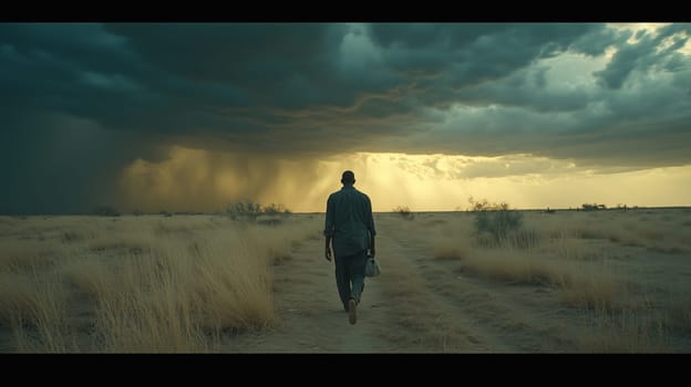 Dramatic scene of a solitary person walking through a desert under a dark, looming storm, symbolizing resilience and the power of nature.