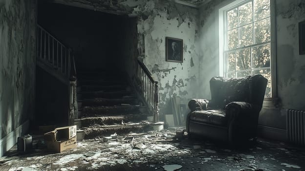 Sunlight filters through a window, illuminating an abandoned room with peeling walls and a vintage armchair. The atmosphere is eerie and nostalgic