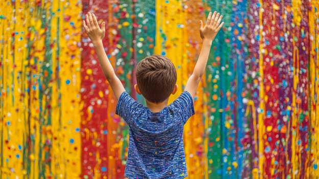 Back view of a child with raised arms facing a vibrant, multicolored paint-splattered wall, symbolizing creativity and joy.