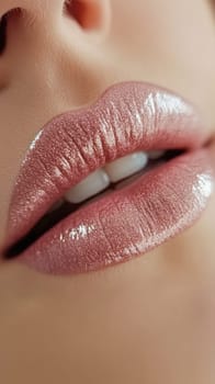 Plump, shiny lips wearing pink lipstick and lip gloss, showcasing beauty and cosmetics