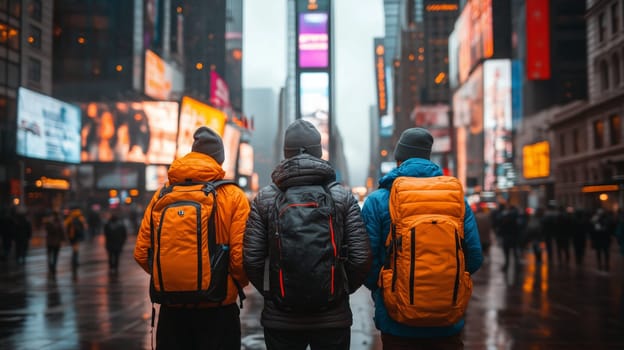 Three travelers with colorful backpacks standing in Times Square at night, surrounded by illuminated billboards and the city's vibrant energy.