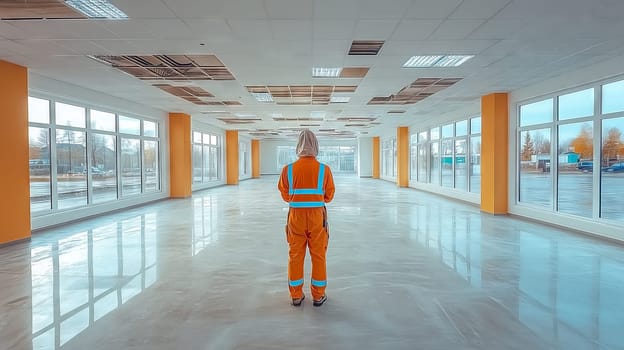Construction worker in high-visibility gear surveys an empty, unfinished building with large windows.