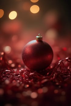 A red xmas ornament sits elegantly on a bed of vibrant decorations, illuminated by soft, warm lights that enhance the holiday spirit - Generative AI