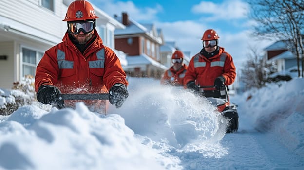A team of workers dressed in winter gear operates snow blowers to clear snow-covered streets in a residential neighborhood, ensuring safe paths.