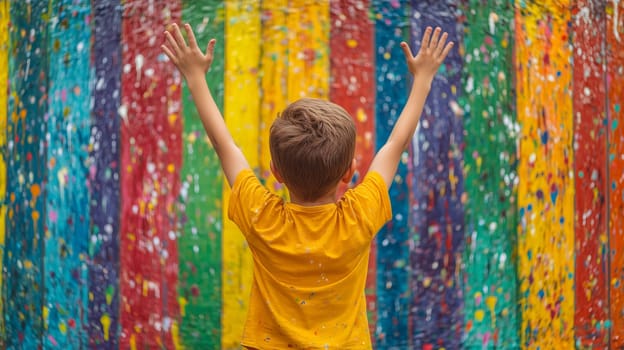Back view of a child with raised arms facing a vibrant, multicolored paint-splattered wall, symbolizing creativity and joy.
