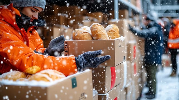 Volunteers in winter clothing handle boxes filled with bread, working together to distribute food in a snowy environment, highlighting community support and resilience.