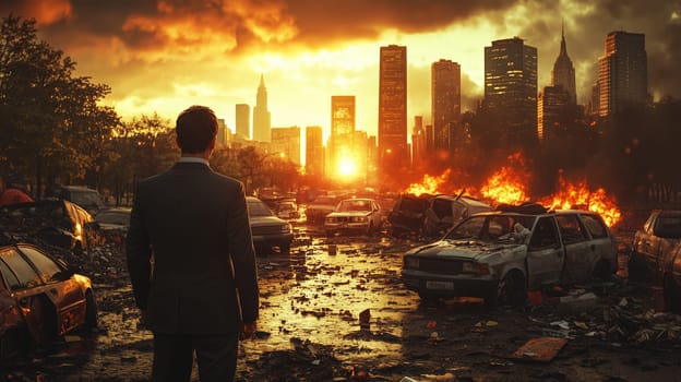 A man in formal attire stands amidst destruction, looking at a burning city skyline at sunset, symbolizing chaos and resilience in a dystopian world.