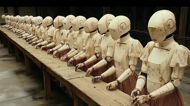 Uniform, humanoid robots lined up at a wooden table, evoking a sense of conformity and mechanization in a structured setting.