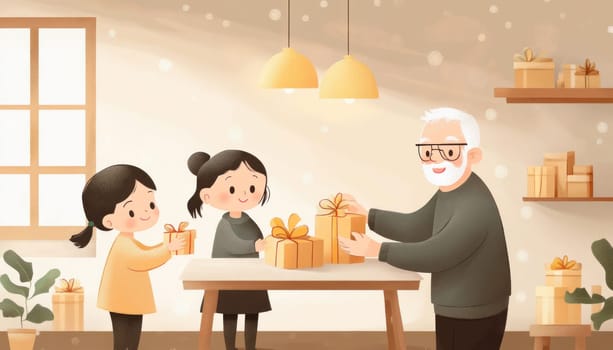 Elderly man wrapping presents for his two granddaughters in a cozy, brightly lit living room, celebrating a special occasion