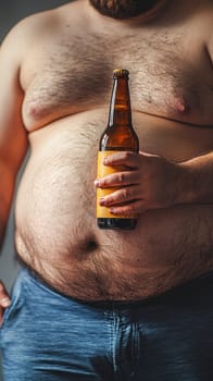 Overweight, shirtless man is holding a beer bottle, emphasizing his large belly