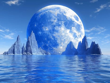 Fantasy scene featuring a massive blue planet rising over a calm ocean with jagged rocky peaks, creating a surreal and otherworldly atmosphere.