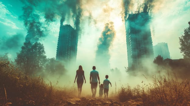 A family walks hand in hand through a misty field toward towering, abandoned buildings, creating a post-apocalyptic scene.