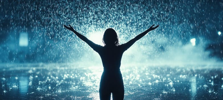 Silhouette of woman raising arms under the rain at night, feeling freedom