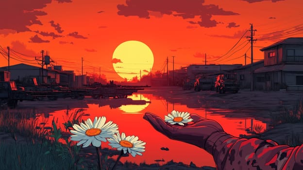 A hand holds daisies against a vibrant red sunset over a rural village with a canal, creating a serene yet intense visual contrast.