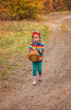 Child in autumn forest. Selective focus. nature.