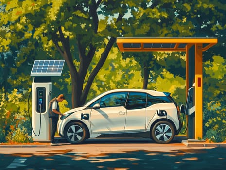 Illustration of an electric car charging at a solar-powered station surrounded by trees, symbolizing eco-friendly transportation in a natural environment.