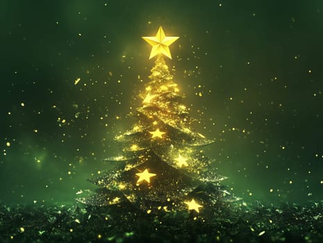 A creative Christmas tree formed by glowing star-shaped lights stacked in a pyramid shape, with a green background, creating a festive holiday ambiance.