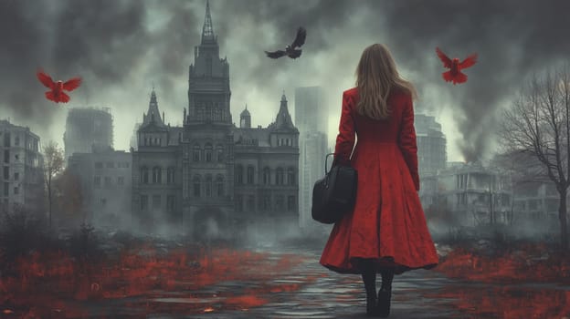 Dark, surreal image of a woman in a red coat walking toward a crumbling city under a stormy sky, with crows flying overhead, evoking mystery and desolation.