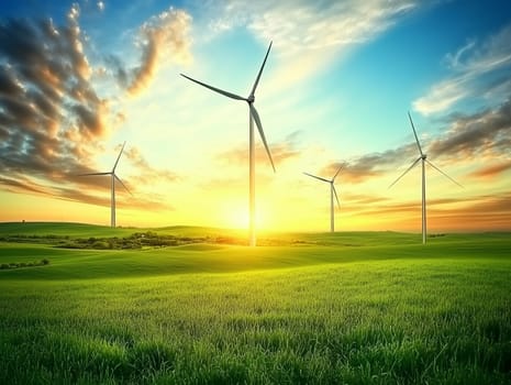 Photograph of wind turbines in a lush green field under a vibrant sky at sunrise, highlighting renewable energy and natural beauty. No people.