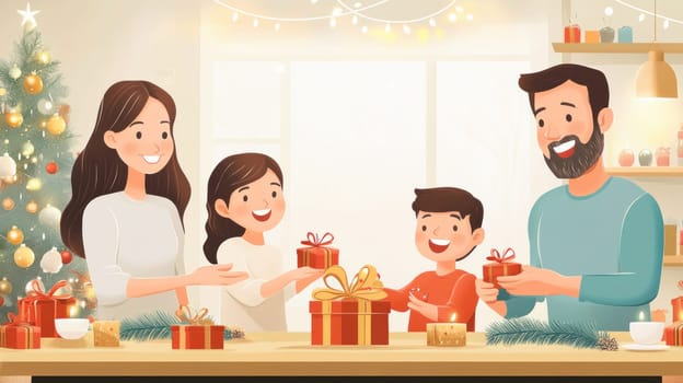 Family exchanging christmas gifts near christmas tree and candles