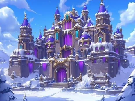 Grand, snow-covered fantasy castle adorned with vibrant purple accents and golden details, set in a winter landscape with blue skies and clouds.