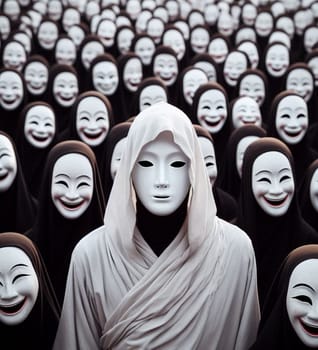 A person is wearing a white hooded mask and is surrounded by many other people wearing masks. Scene is eerie and mysterious, as the people are all wearing identical masks