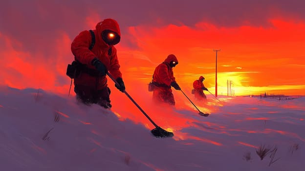 Three workers in red protective suits clear snow with specialized tools against a vibrant red-orange sunrise, emphasizing resilience in extreme conditions.