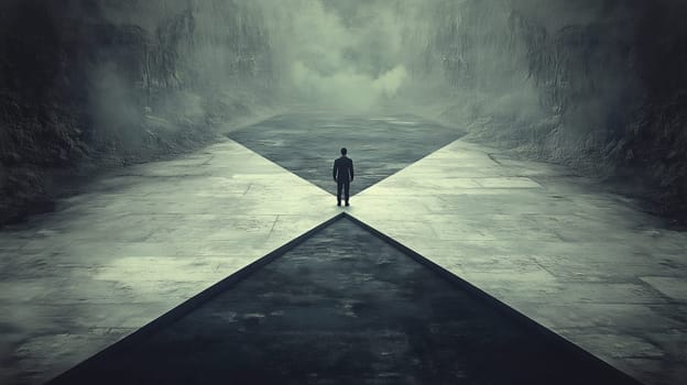 A lone person stands at a symbolic crossroads in a foggy, mysterious setting, evoking themes of decision-making, solitude, and contemplation.