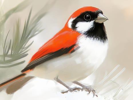 Detailed watercolor painting of a small bird with a vibrant red cap and black markings, perched on a branch in a natural setting. Elegant and delicate.