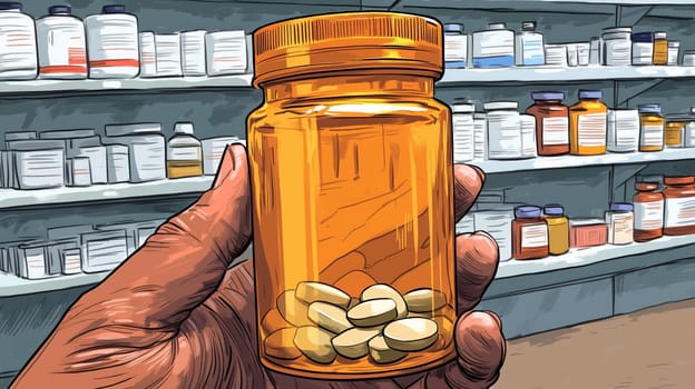 Detailed illustration of a hand holding an amber pill bottle with tablets, set against a background of pharmacy shelves filled with medication bottles.
