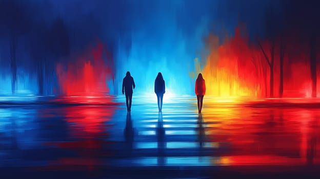 Silhouettes of three people walking in a surreal landscape illuminated by intense blue and red lights, creating a dramatic, dreamlike scene.