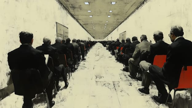 Surreal hallway with rows of men in suits seated in an industrial, minimalist setting, evoking themes of conformity and isolation.